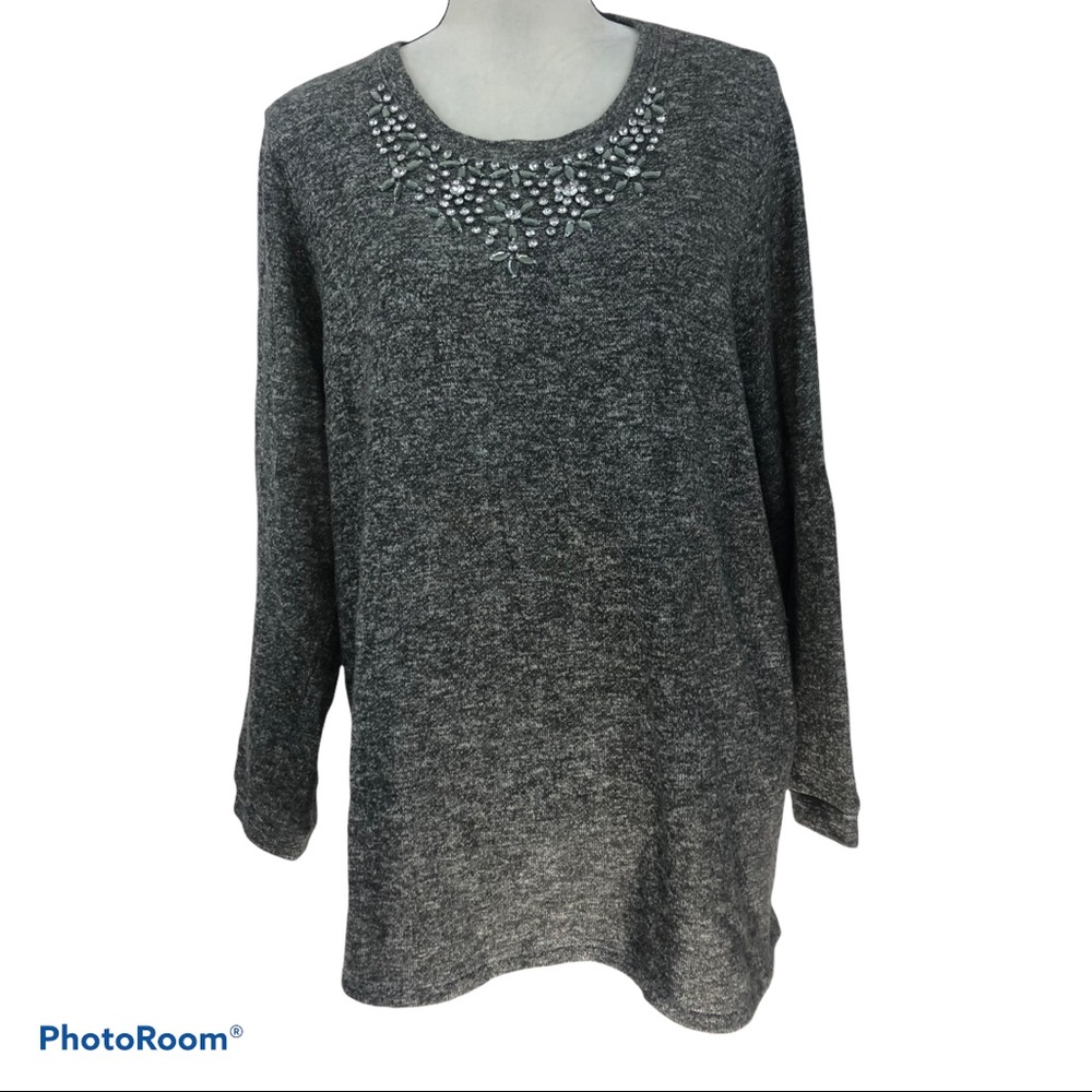 Avenue Grey Heathered Crystal Embellished Top
